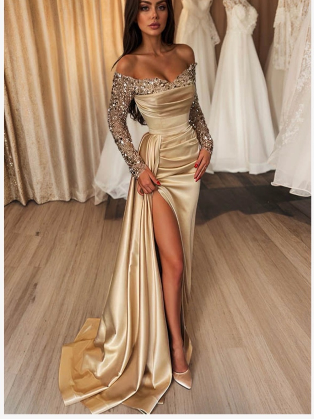 Gold Off-Shoulder Sequin Sleeve Evening Gown